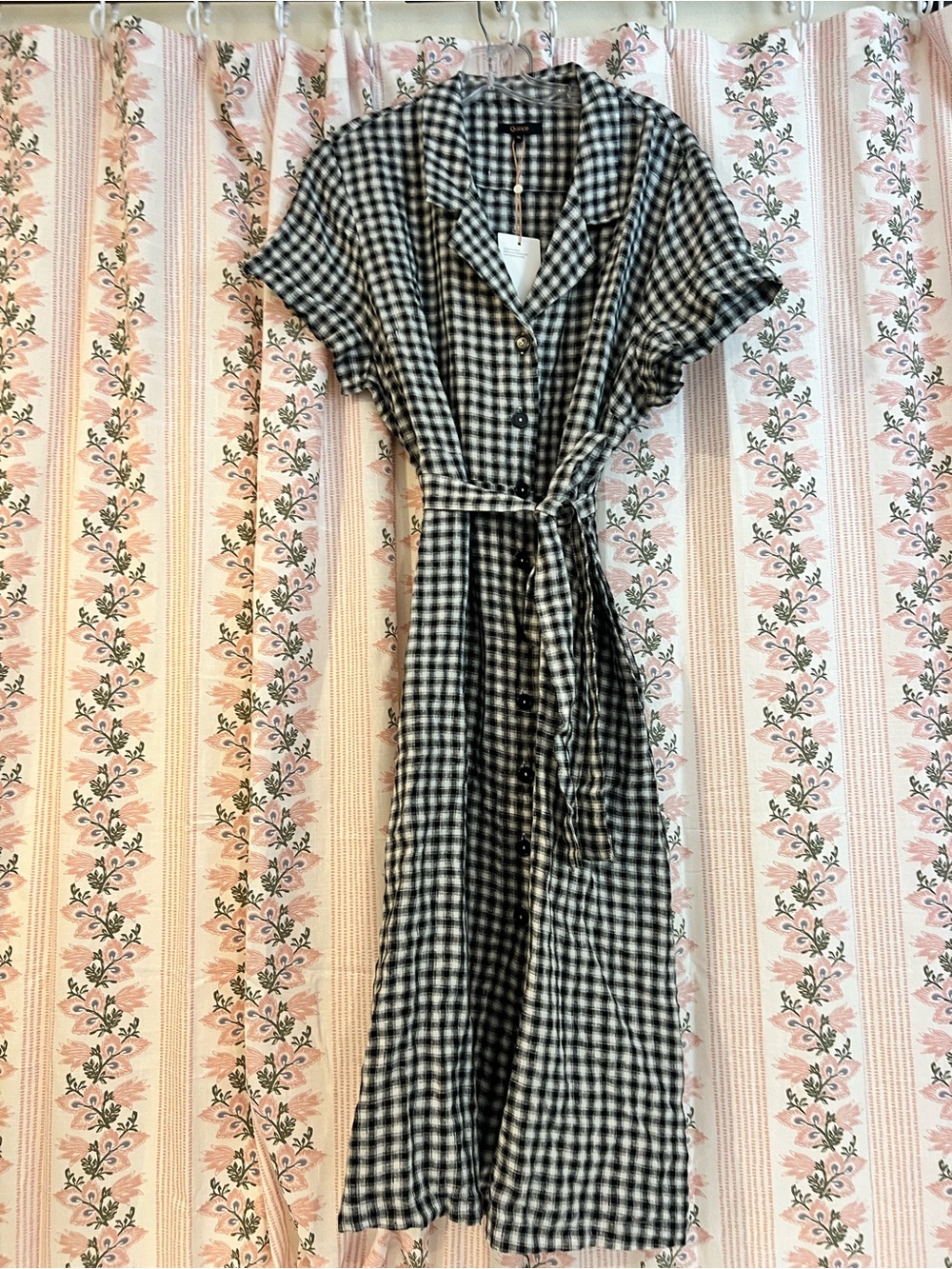 Quince Linen Gingham Button Front Midi Dress Khaki Black Size XL